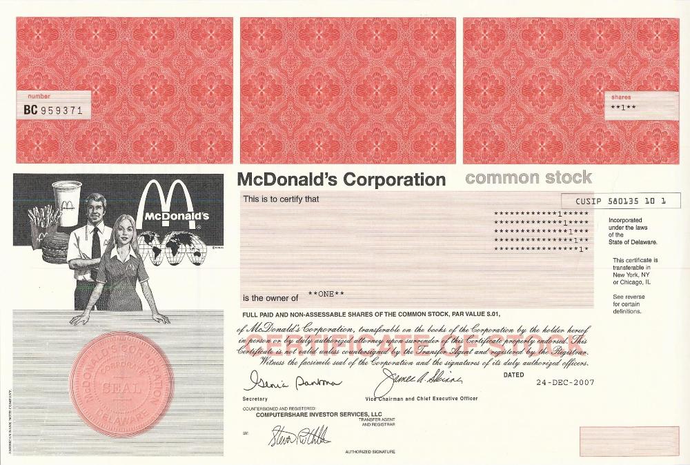 McDonald s Stock Certificate